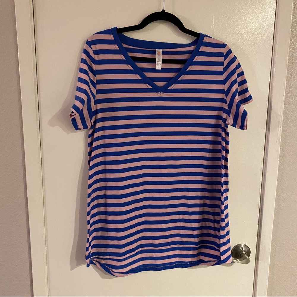 LuLaRoe Blue Pink Striped V Neck Tee Shirt Size L